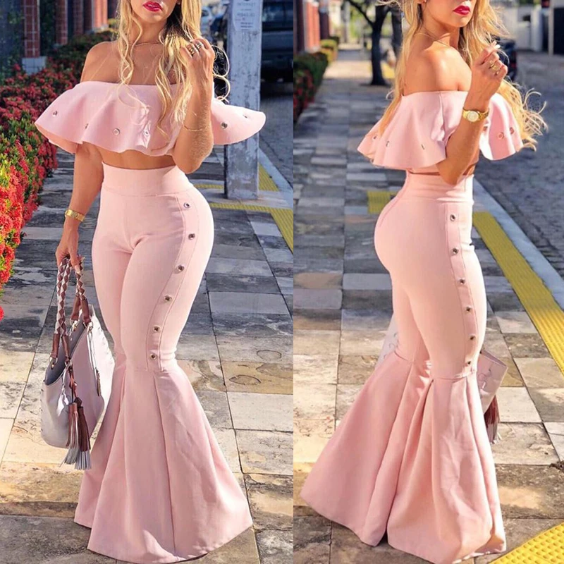 Womens Solid Two Piece Outfits Strapless Ruffled Off Shoulder Crop Tops High Waist Wide Leg Pants Set Plus Size