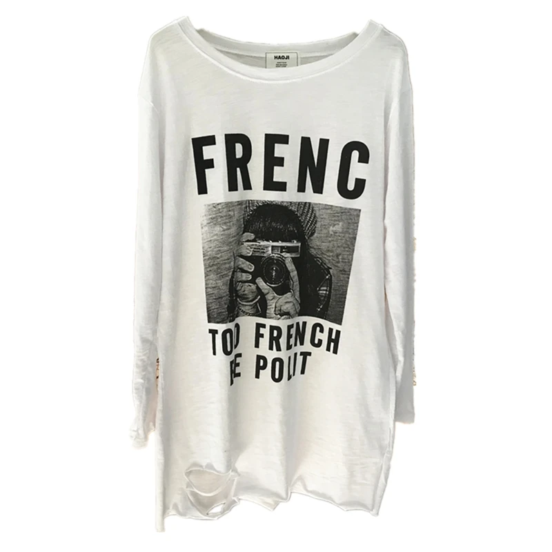 

Long-sleeved t-shirt female 2019 spring and autumn new long paragraph loose wild cotton hole white bottoming shirt shirt T
