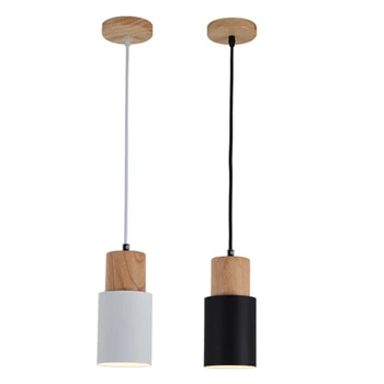 

Hot Nordic Simple Wood Pendant Lights Led Hang Lamp Colorful Aluminum Fixture Kitchen Island Bar Hotel Home Decor E27
