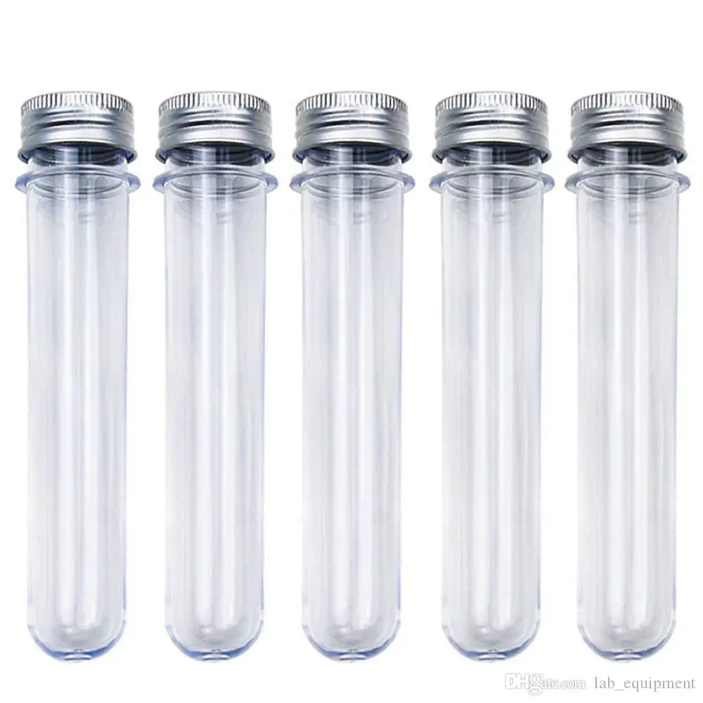 Tubes à essai transparents en plastique avec bouchons, tubes à bonbons  transparents, fond plat, test de sel de bain, brosse de livres, 110ml,  paquet de 18