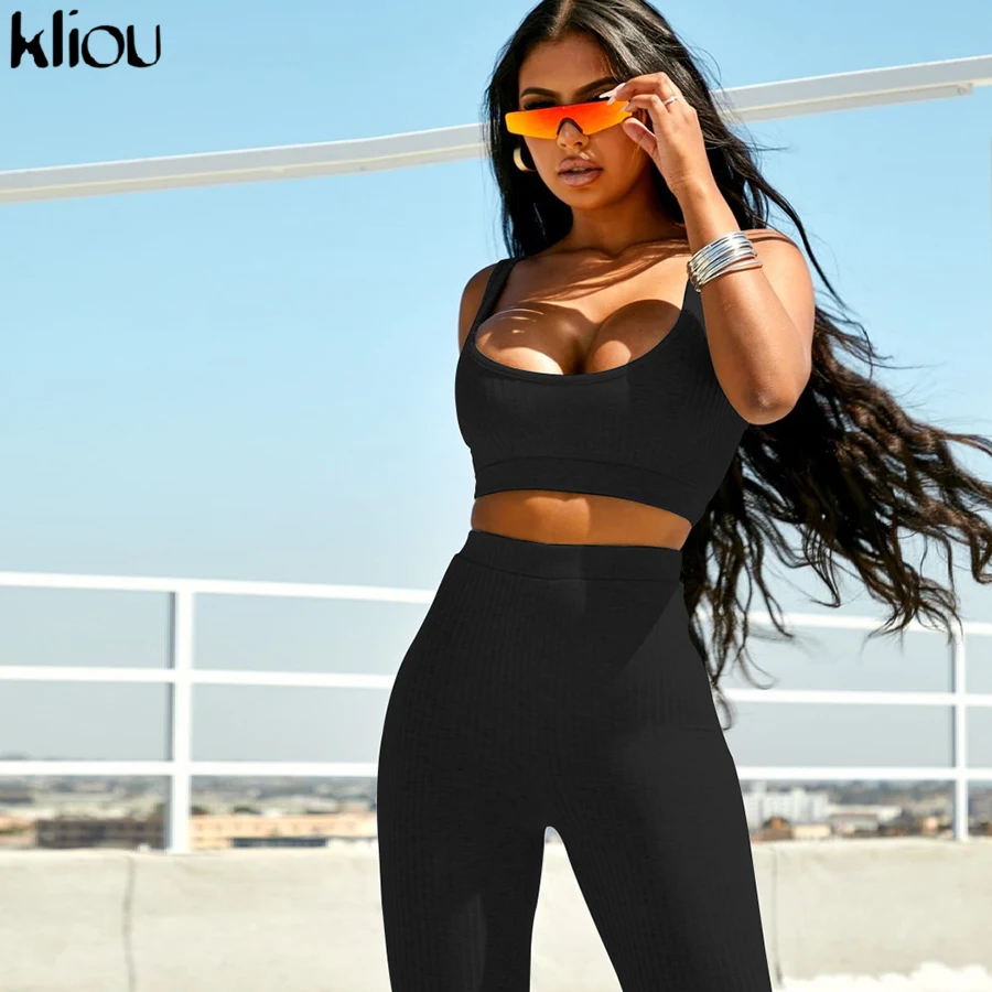 Kliou, женский спортивный костюм для фитнеса, комплект из 2 предметов, тонкий укороченный топ+ мягкие спортивные Леггинсы, одежда для активного отдыха, верхняя одежда, облегающая эластичная одежда