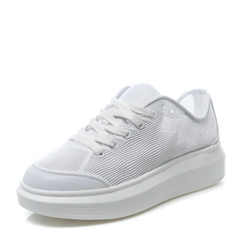 

2017 Summer Lace-up White Shoes Women's Mesh Thick Bottomed Flat Shoes Hollow out Breathable Casual Shoes Athletic Shoes Women's