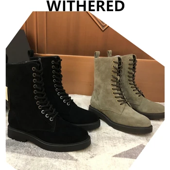 

Withered Winter Boots Women England High Street Vintage Real Leather Cowhide Suede Zipper Motorcycle Martin Boots Shoes Woman