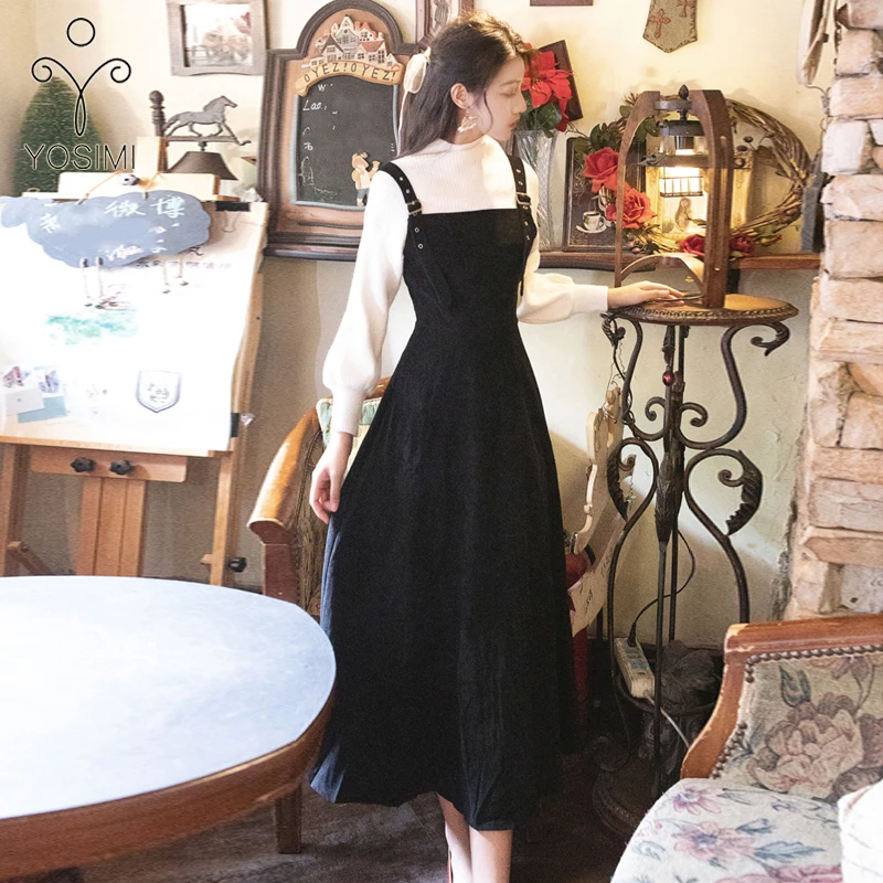 

YOSIMI White Full Sleeve Turtleneck Sweater Top and Corduroy Black Strap Dress 2019 Autumn Winter Two-piece Outfits Mid-calf