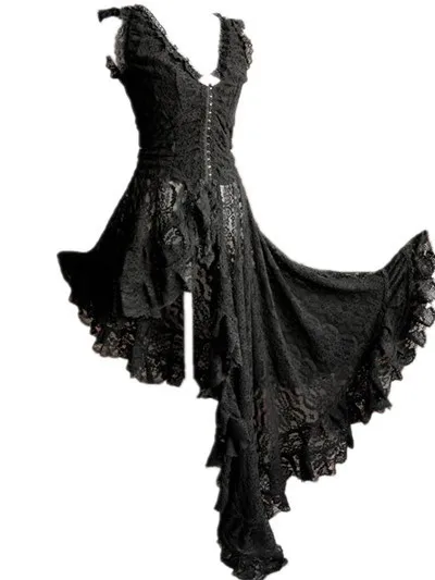 

Medieval Cosplay Costumes for Women Halloween Carnival Stage Performance Gothic Irregular Black Lace Retro Court Victoria Dress