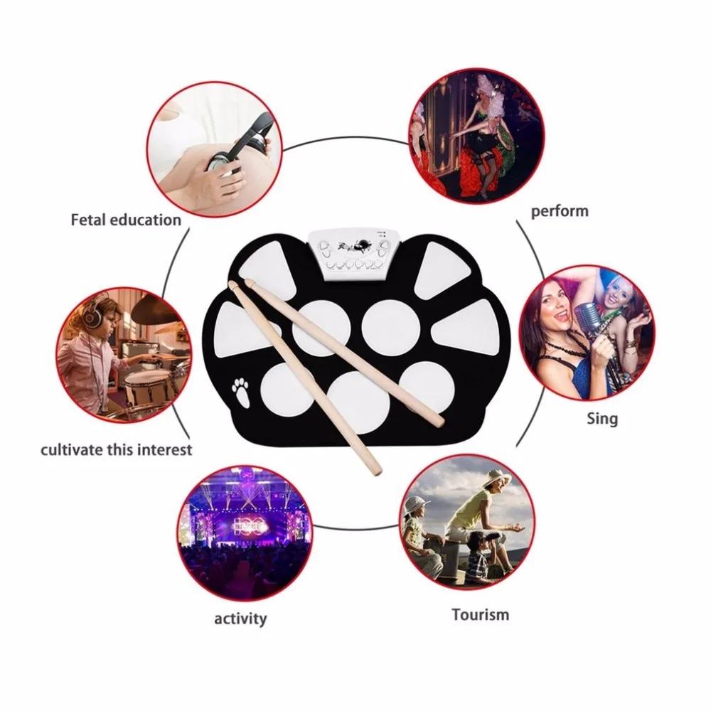 W758S Portable 9 Pads Digital USB Roll up Foldable Silicone Electronic Drum Pad Kit With Drum Sticks Foot Pedals drop shipping