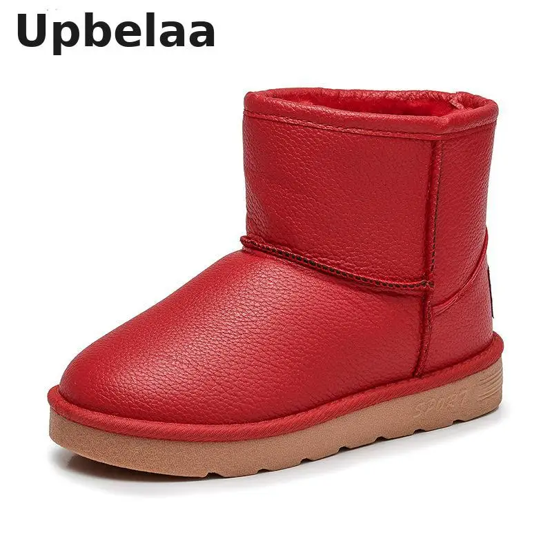 Девичьи зимние сапоги Детские ботинки для мальчиков из искусственной кожи, для детей ясельного возраста, водонепроницаемая обувь на нескользящей подошве Туфли без каблуков Брендовая детская зимняя обувь с плюшевой подкладкой - Цвет: Красный