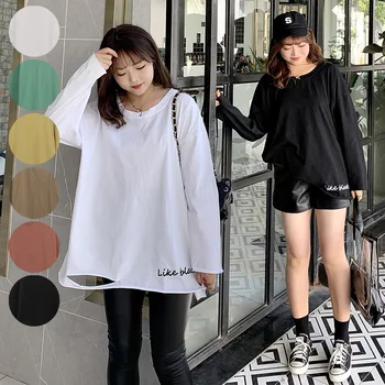 

2020 spring new Korean version of large size women's solid color hole letter long sleeve T-shirt