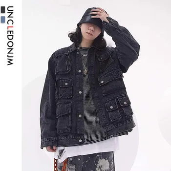 

UNCLEDONJM Multi-pocket Retro Denim Jackets Men Cowboy Loose fit Men's Ripped Jean Jacket Hip Hop Streetwear Coats AD-1961