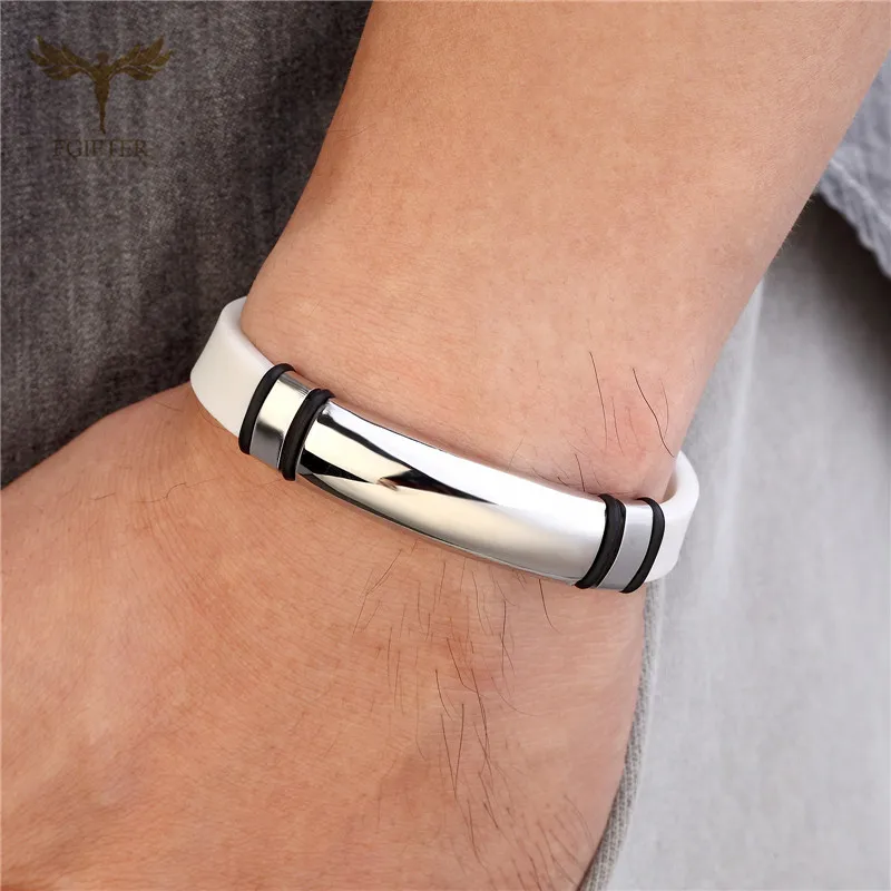 Bangle bracelet stainless steel bracelet Women Men Stainless Steel Buckle Bracelets White and Black Silicone Bangles Sports Wristband Fashion Jewelry Pulsera Hombre