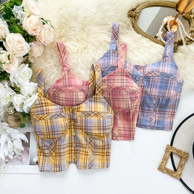 

Korean Style Fashionable Plaid Student V-neck Halter Camisole with Chest Pad High Waist Short Net Red Base women Tank Top Shirt