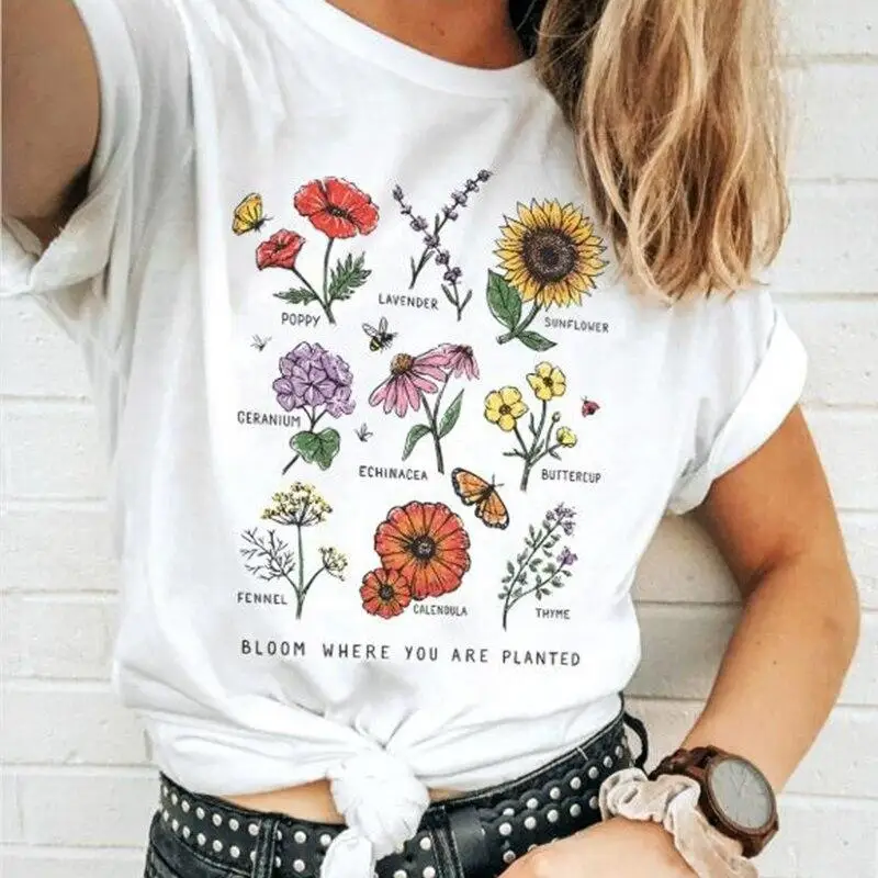 

GAAJ Women T Shirt Harajuku Bloom Where You Are Planted Flower Summer Vintage Streetwear T-shirts Print Graphic Top Shirts Woman
