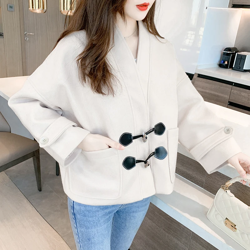 Double Breasted Coat 2020 Winter Loose Fashion V-neck Horn Button Long-sleeved Soft Thicken Woolen Coat Women's Tops Clothing