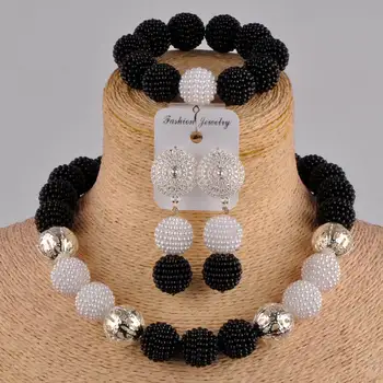 

black white jewelry set african necklace nigeria beads simulated pearl necklace bracelet earrings set jewelry for women FZZ09
