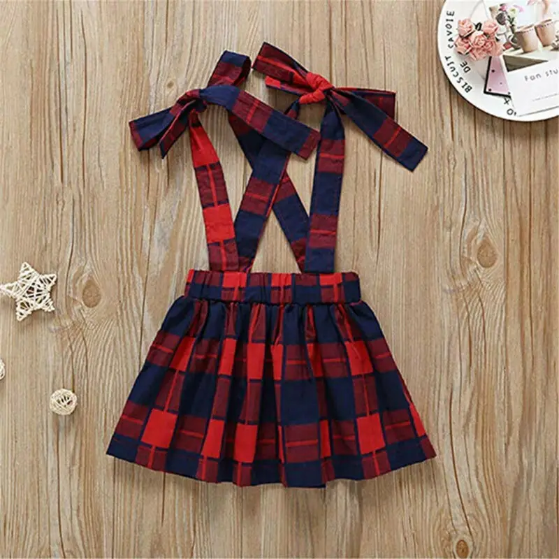 Рождественские комплекты одежды для маленьких девочек, однотонный пуловер с длинным Расклешенным рукавом, футболка+ комбинезон в клетку