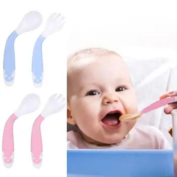 

Smooth Spoon Fork Easy Grip Heat-Resistant Curved Handle Learning Kids Tableware Integrative Moulding Arbitrary Bending