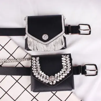 

Fashion Women Belt Bags Rhinestone Tassel Shoulder Waist Bags Female PU Leather Fanny Packs Removable Mini Chest Belt Bag