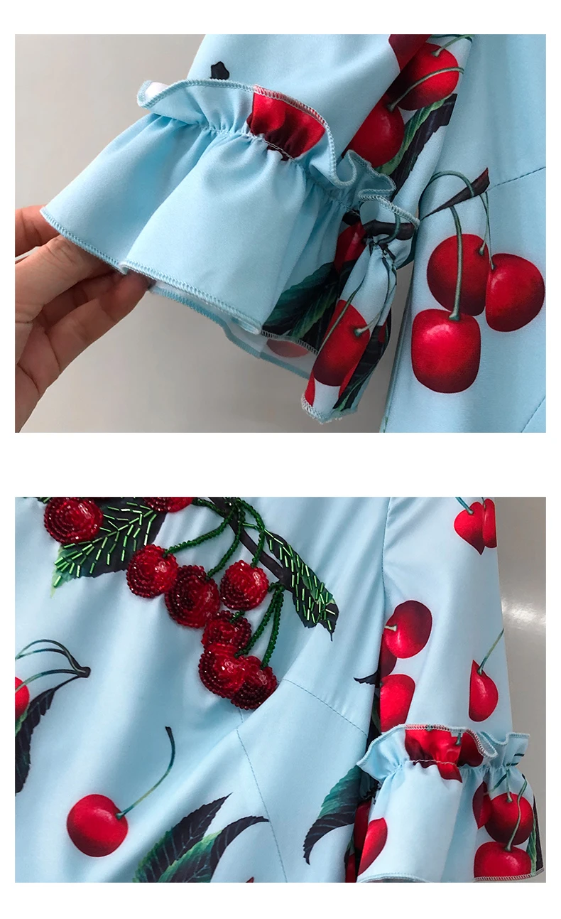 MIUXIMAO Top Quality Ruway DesignFall Dress Newest Casual Dresses Women Cherryprint Ruffles Half Sleeve Dress Women