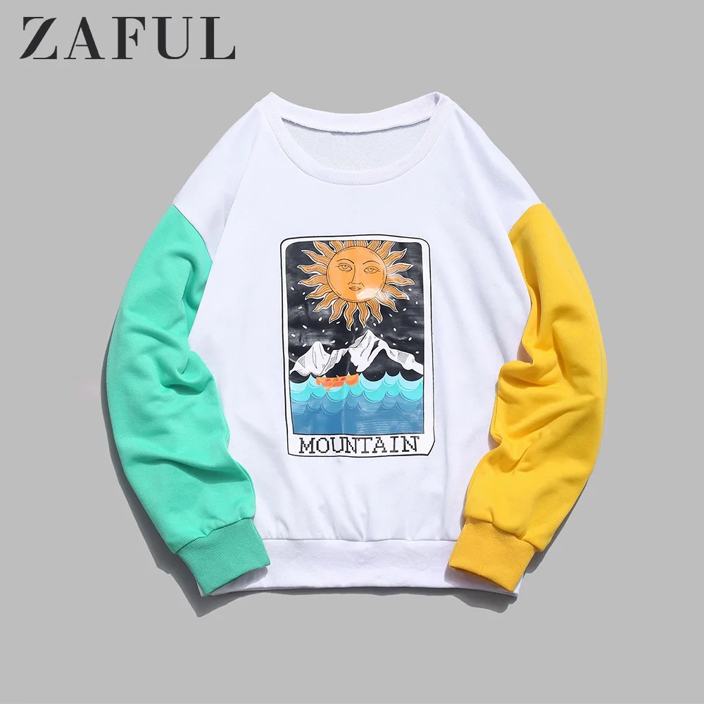 

ZAFUL Cartoon Sun Mountain Graphic Splicing Sweatshirt Women Long Sleeve Color Block Outwear 2019 Vintage Tops Autumn