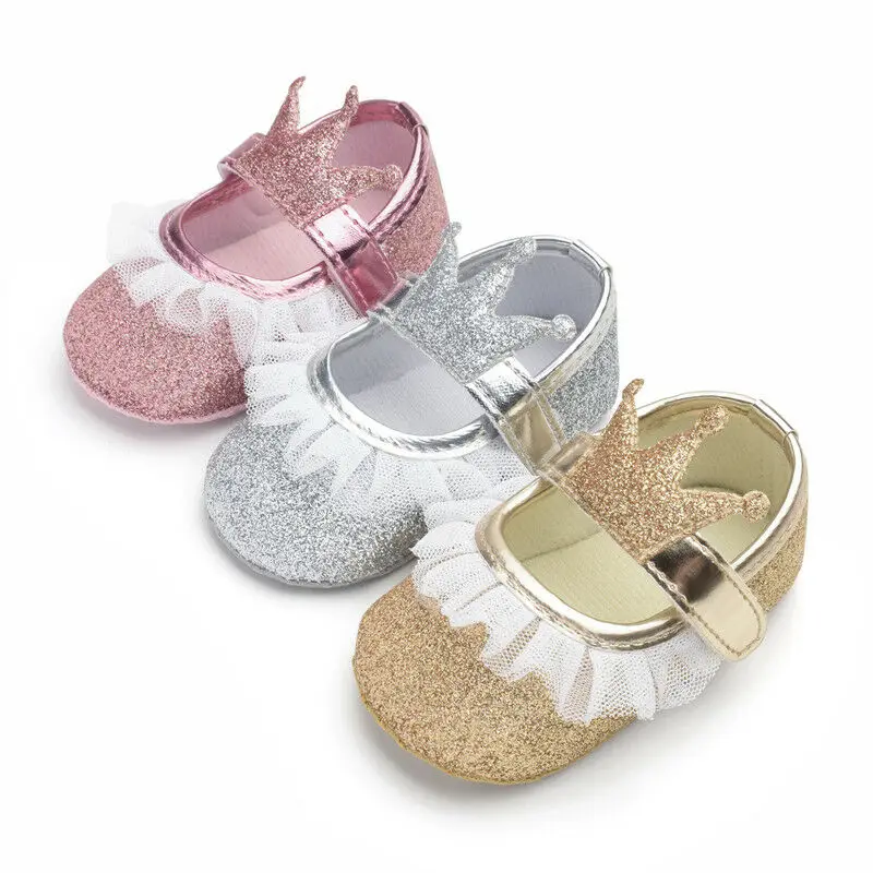 0-15M младенческой новорожденных девочек принцесса обувь Кружева Тюль тиара первые ходунки противоскользящие Мягкие Детские Девочки День рождения обувь
