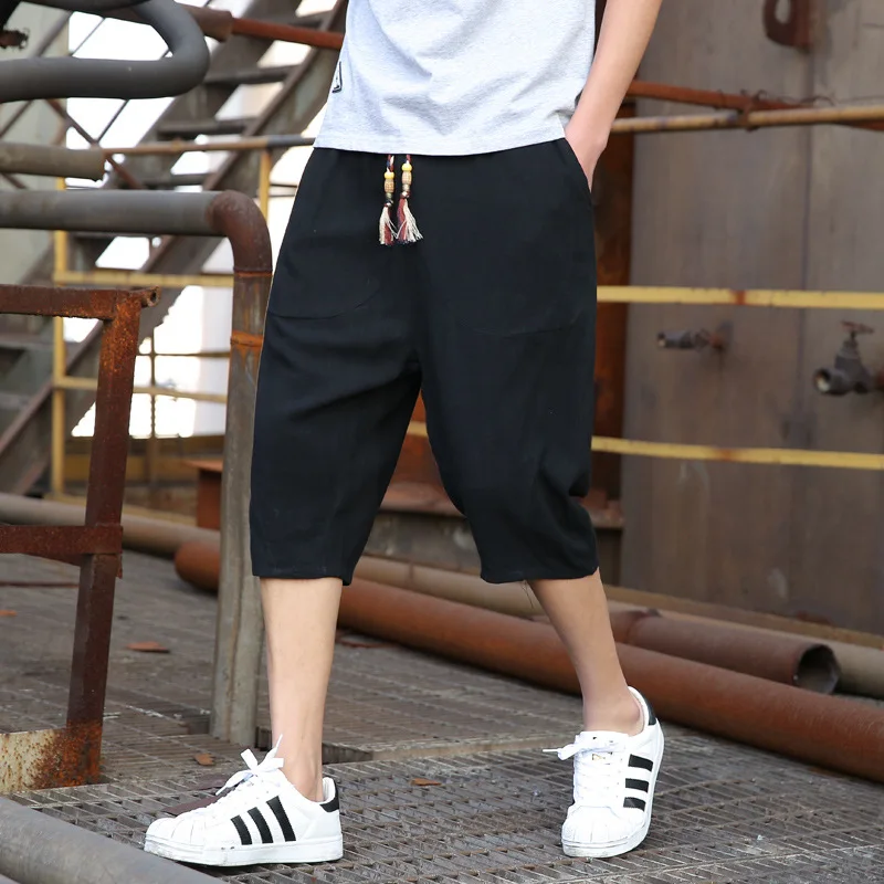 Summer flax 7-minute trousers men's shorts Korean version trend leisure loose Chinese wind cotton 6-minute thin trousers