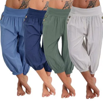 

Women's Summer Casual Solid Color Pants Aladdin Decorative Buckle Cropped Trousers