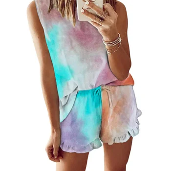 

Women Pajama 2-Pieces Set Summer Clothing Leopard Tie Dye Printing O Neck Tee Top Shorts Pants Sleepwear Nightwear PJS Suit 2020