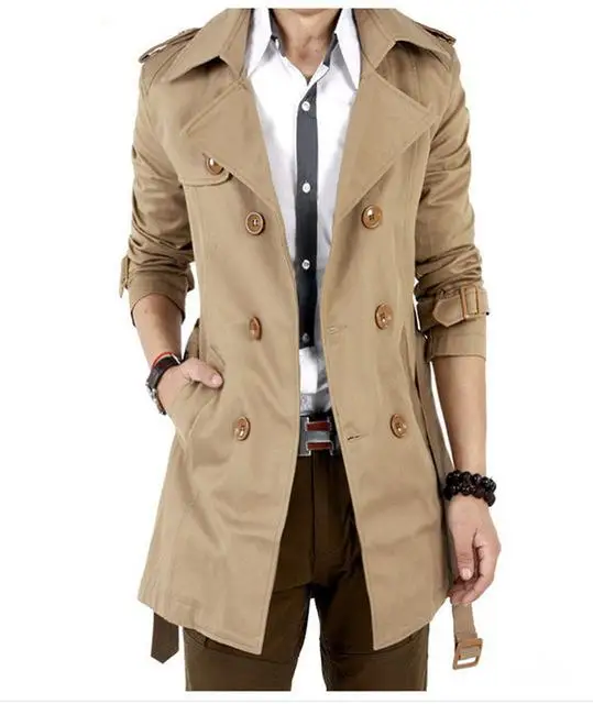 Veste Тренч мужской классический двубортный мужское длинное пальто Masculino одежда Длинные куртки пальто в британском стиле S-6XL - Цвет: Хаки