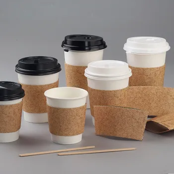 

50pcs High quality white disposable coffee cups cold hot drink tea takeaway packaging paper cup with lid and kraft paper sleeve