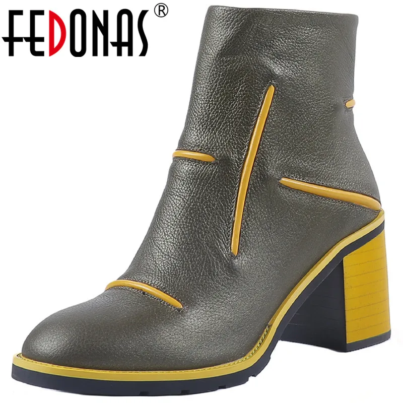 FEDONAS Elegant Womens Shoes Winter 2021 Newest Genuine Leather High Heels Boots For Women Mixed Colors Party Ankle Boots
