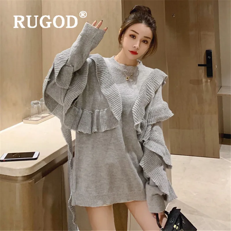 RUGOD, плюс размер, милый свитер, пуловер для женщин, с круглым вырезом, одноцветная, с оборками, вязаная туника,, модный, элегантный, женский свитер, топы