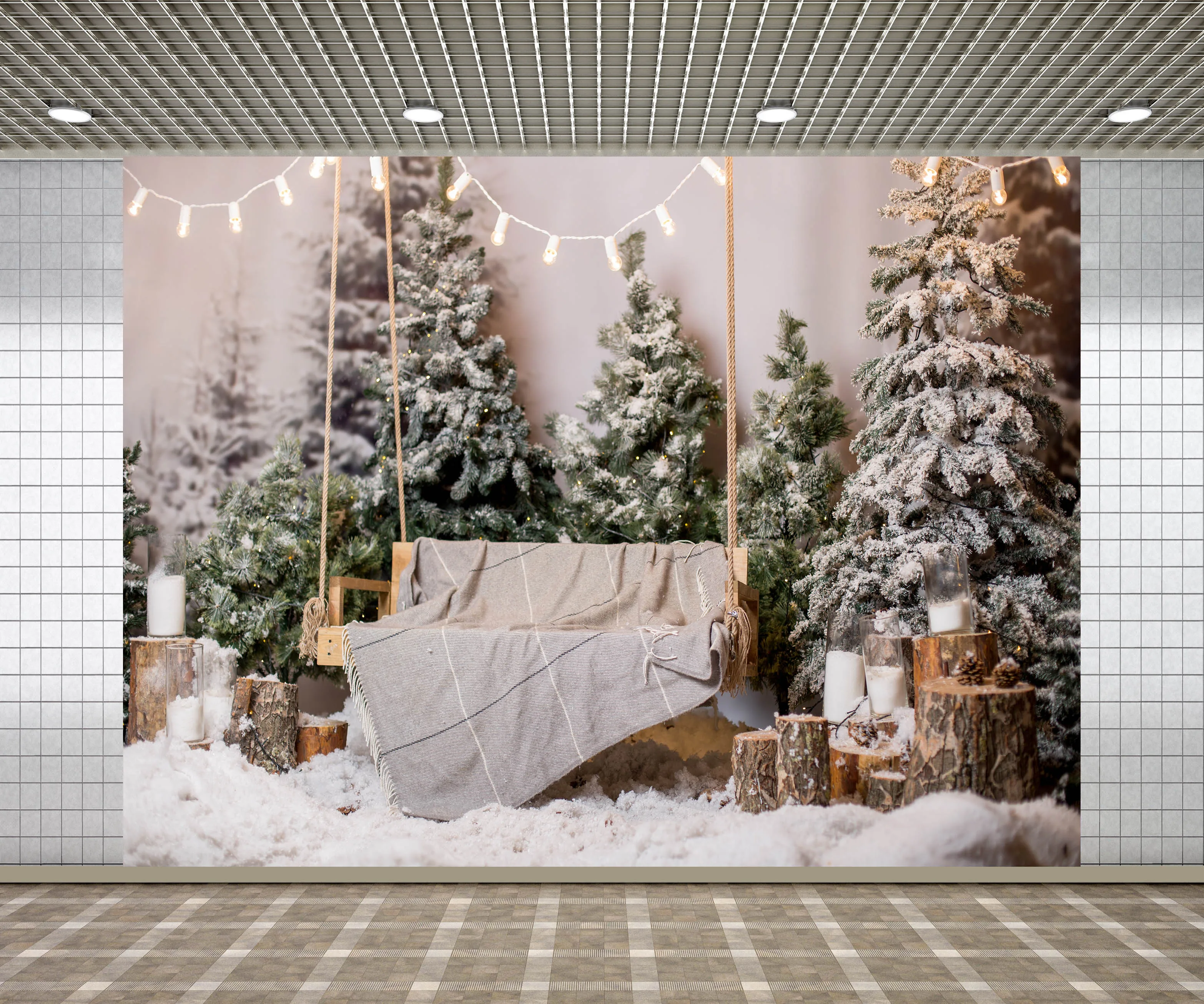 Lyavshi Photography Backdrop Christmas Interior Snow with Tree and A Wooden Bench New Background Photocall Custom Photo Printed |