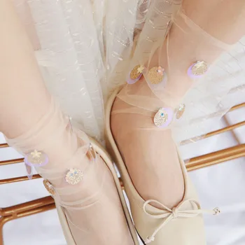 

Yanziku Spring Summer Shiny Solid Color Gauze Thin Sox Japanese Korean-Style Pile Style fairy cute Patchwork WOMEN'S Socks pink