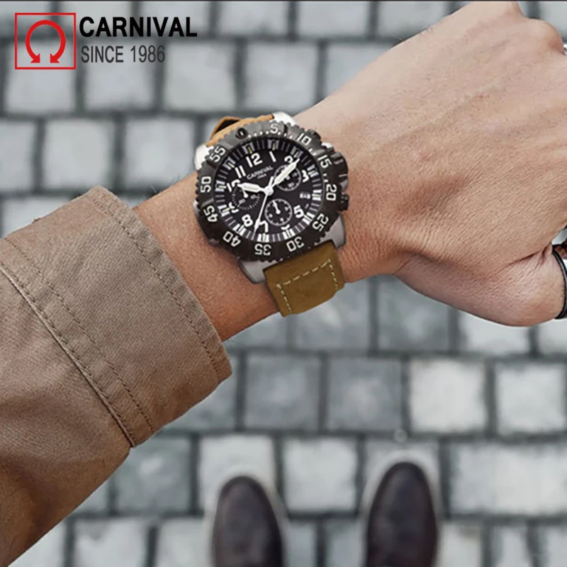 Хронограф Спортивные часы для мужчин карнавал T25 Тритий Светящиеся кварцевые военные часы из натуральной кожи ремешок часы Relogio masculino