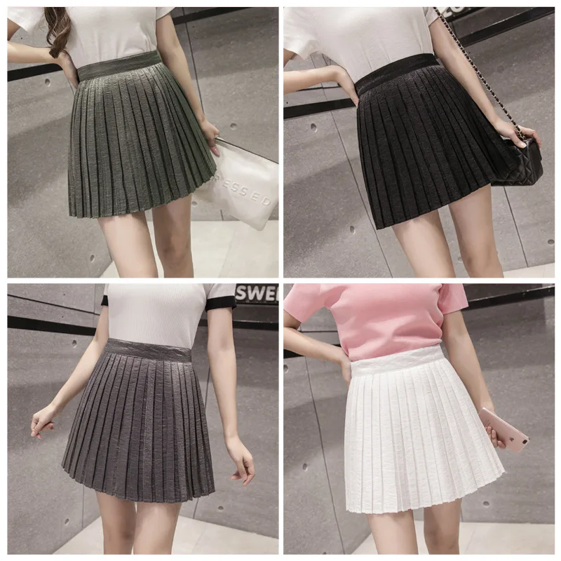 

2017 Early Spring New Style College Style Pleated Retro High-waisted A- line Skirt Versatile Students' Skirt