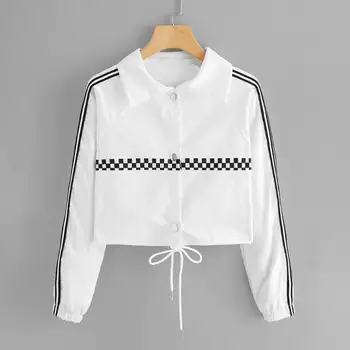 

Women Long Sleeve Stripe Plaid Printed Coat Casual Cropped Coat Button Jacket Female Autumn Spring Turn-down Collar Tops