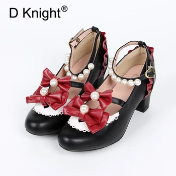 

Sweet Bow Pearls High Heels Women Lolita Shoes New Fashion Buckle Strap Princess Student Girl Ladies Single Pumps Shoes Size 40