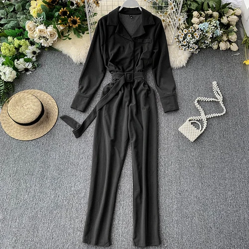 new fashion women's Long-sleeved lace-up waist temperament lapel jumpsuit - Цвет: Черный