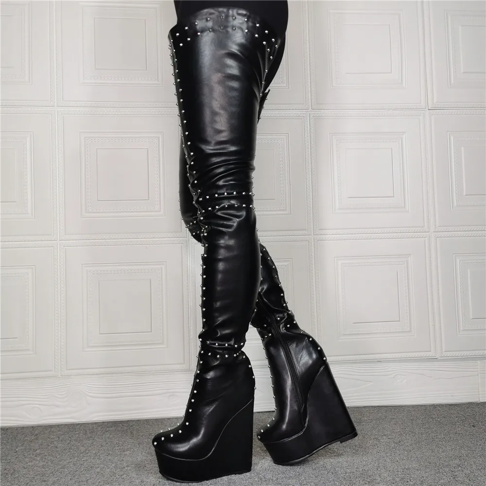 New Rivets Black Over-The-Knee Boots Wedges Platform Shoes Sexy Women Round Toe Slope Heel Thigh High Long Boots Plus Size 46