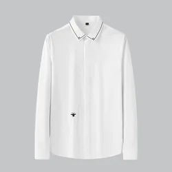 2021 outono e inverno novo não ferro high end cor sólida camisa masculina de manga comprida bordado tudo jogo puro branco camisa masculina
