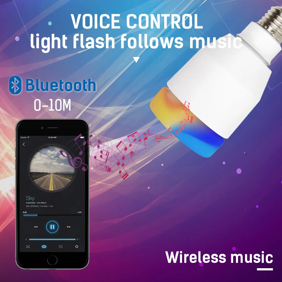 E27 Смарт RGB беспроводной Bluetooth динамик лампа Музыка Воспроизведение Диммируемый