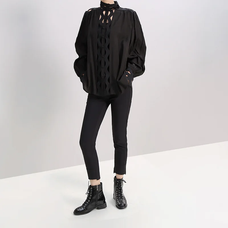 Max LuLu/модные корейские женские топы в стиле панк, хлопковые блузки, осенние женские сексуальные рубашки с дырками, Безразмерные с высоким воротом, свободная одежда