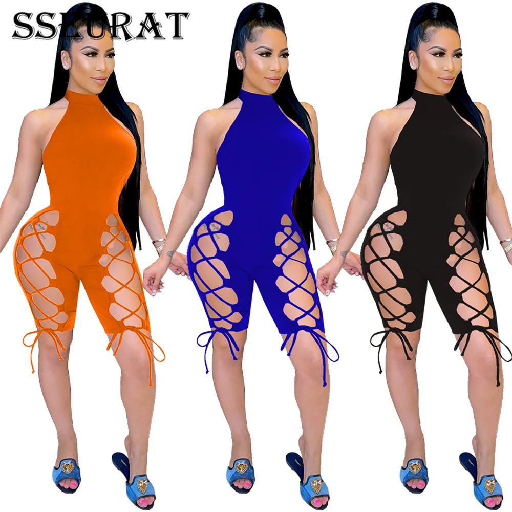 SSEURAT Women Solid Sleeveless Half High Collar Bandage Hollow Out Elastic Bodycon Playsuits Summer One Piece Set 2021 |