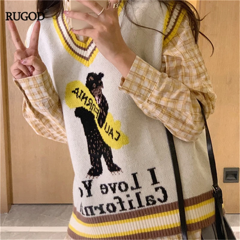 RUGOD Для женщин мультфильм вязаная кофта без рукавов или Рубашки в клетку Милая свободный, в Корейском стиле, жилет или дикий Рубашка Тонкий элегантный дизайн