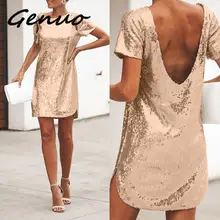 Genuo, новинка, женское платье, расшитое блестками, короткий рукав, бэкнесс, летнее платье, прямое, силивер, золотое, вечерние, для девушек, черное, красное