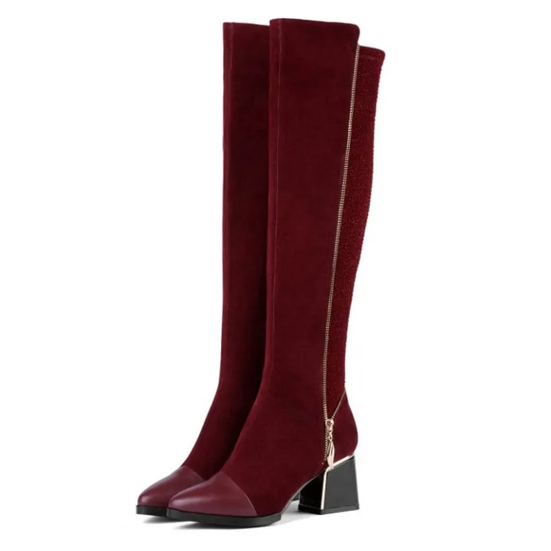 

Fashion Red Cow Suede Over The Knee Boots Classics Patchwork Leather High Heels Retro Metal Decoration Side Zipper Shoes Women