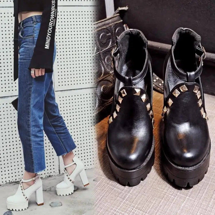 

2019 Spring Low-top Shoes Shoes Solid Color Superfine Fibre Chunky-Heel Sticky Leather