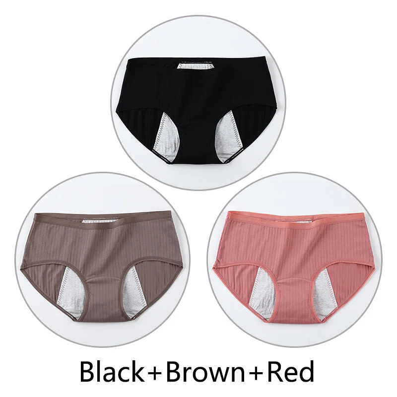 Black Brown Red 3 шт. 2XL-4XL размера плюс женские трусики менструального периода нижнее белье трехслойные герметичные физиологические трусы Хлопок Дышащие - Цвет: Black Brown Red
