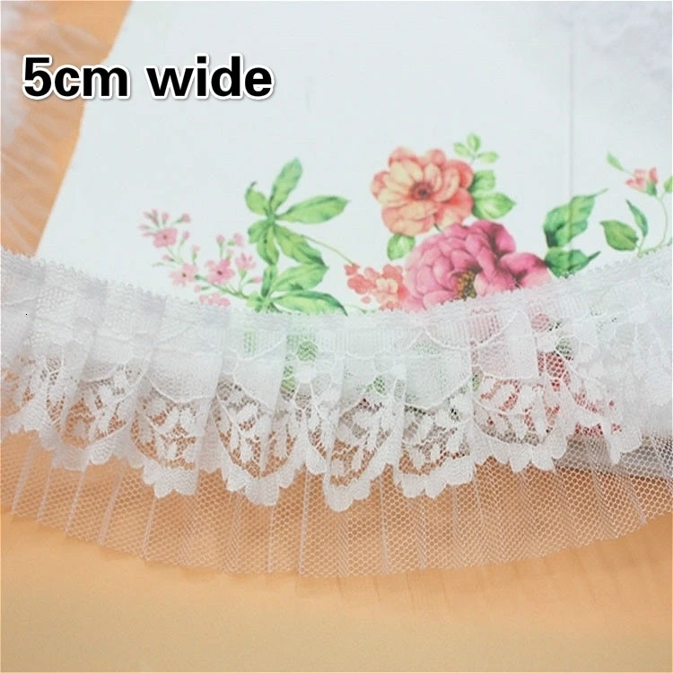 

5cm Wide Double-layer Tulle White Beige Organ Pleated Cotton Lace Fabric Ribbon Clothes Home Textile Hem Trim Diy Dentelle Renda