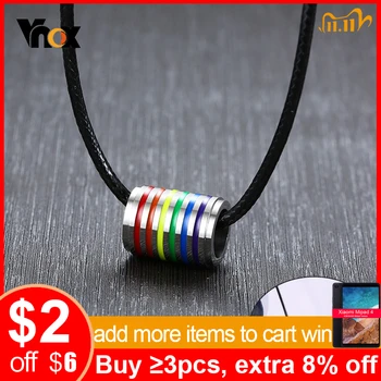 

Vnox Rainbow Round Circle Pendant Necklaces for Men Woman LGBT Jewelry with Black Leather Cord Chain